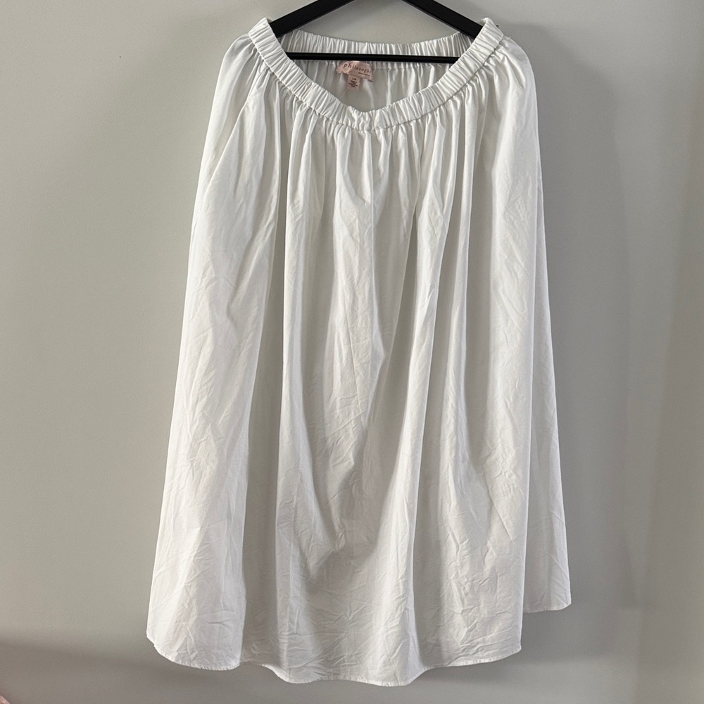 White Elastic-Waist A-Line Midi Skirt With Two Front Pockets